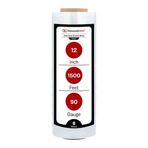 12" x 1500' 90 Gauge Cast Hand Stretch Wrap Bundling Shrink Film Clear 8 Rolls - Bild 1 von 8