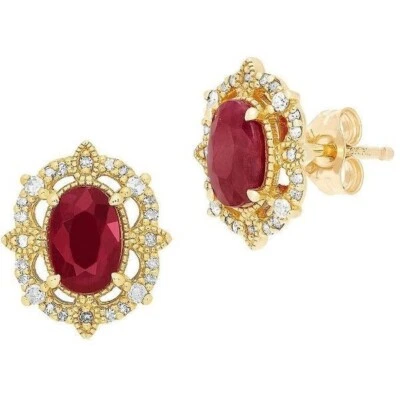 4.20Ct Oval Cut Simulated Red Ruby Beautiful Stud Earrings14K Yellow Gold Plated - Image 1 of 4