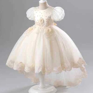 Children Dress Lace Princess Dress Bubble Sleeve Wedding Flower Sweet Cute Dress - Picture 1 of 26