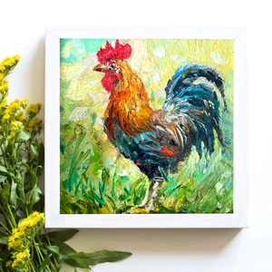 Gallo Granja Pájaro Original Pintura al Óleo Enmarcada Pequeño Arte Mini Arte 4x4 pulgadas - Imagen 1 de 8