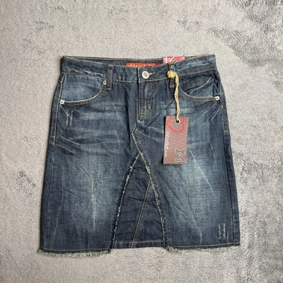 Saia jeans vintage Mudd Y2K nova com etiquetas lavagem escura jeans bainha crua tamanho 3 midi 29" cintura - Imagem 1 de 4