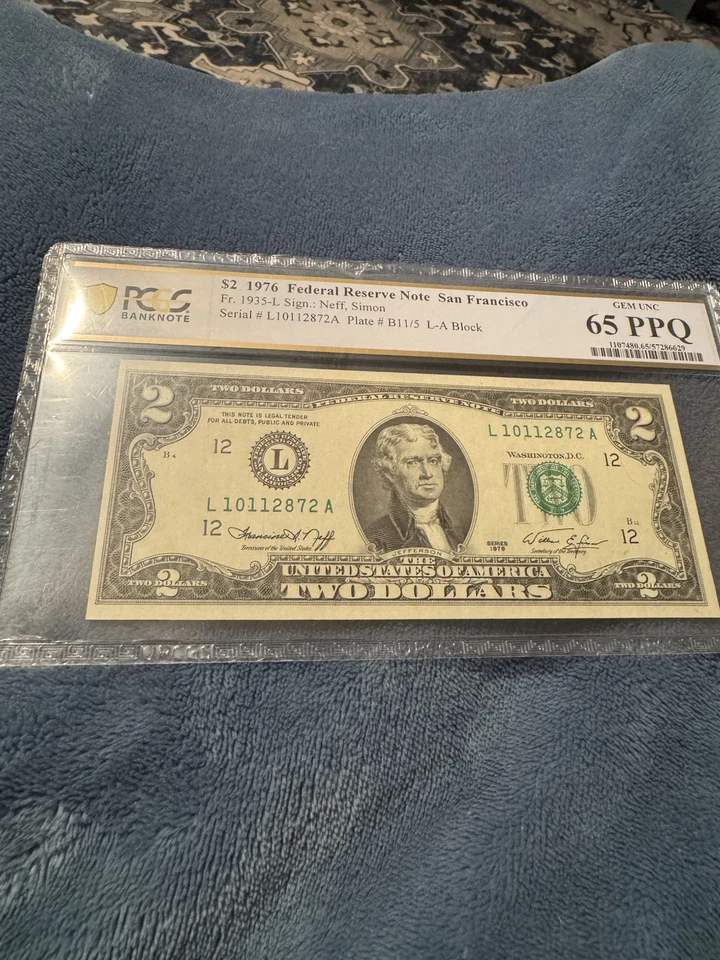 1976  $2  Dollar PCGS Graded Gem 65 PPQ  Seal Error & Off Center San Francisco - Image 1 of 4