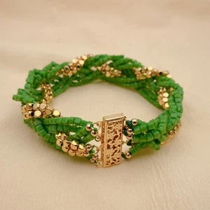 8" 6 Strands Green Crystal Gold Plated Beads Bracelet - Picture 1 of 6