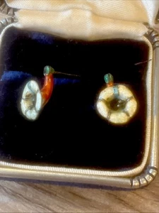 Antique Enamel Silver Earrings Trumpet Flower Hummingbird Paris French Jewelry - Picture 1 of 11