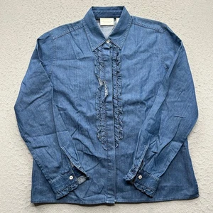 Liz Claiborne Women's Medium Blue Denim Long Sleeve Ruffle Button Down Shirt - Picture 1 of 8