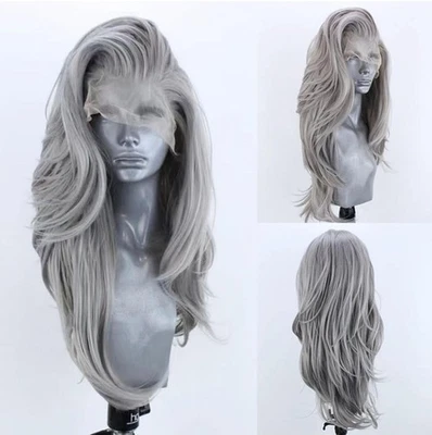 Peluca frontal de encaje HD gris plateado rubio balayage cabello humano largo mezcla ondas ombre Foto 1 de 4