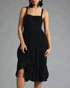 By Anthropologie Textured Smocked Midi Dress In Black Size Small (MSP $180) - Picture 1 of 8