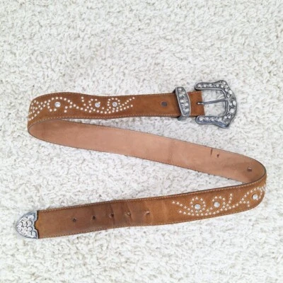 Justin Suede Leather Chunky Western Belt, Rhinestone Studded, Vintage Y2k. Sz 32 - Image 1 of 4