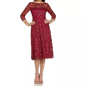 ADRIANNA PAPELL Sz 4 Dress Sequin Red Lace Cocktail Illusion Flower Applique B30 - Picture 1 of 18