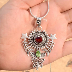 Faceted Peridot, Faceted Garnet Gemstone 925 Sterling Silver Sun Pendant Jewelry - Picture 1 of 7