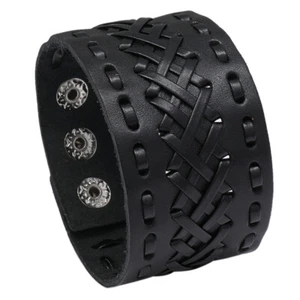 Punk Rock Wide Brown Leather Men's Cuff Bangle Bracelet Adjustable Wristband - Picture 1 of 14