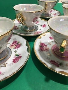 Vintage Royal Halsey Very Fine 7 Teacups & 5 Saucers Iridescent Floral Japan - Picture 1 of 12