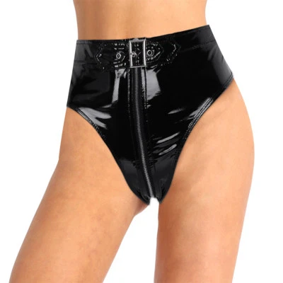 Damen Leder-Optik Hotpants High Waist Ouvertslip Panties Unterwäsche Clubwear - Bild 1 von 4