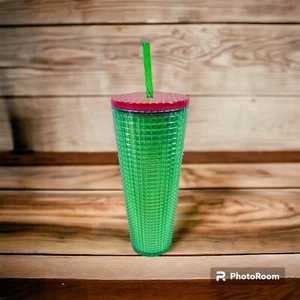 Starbucks Spring 2023 Watermelon Grid Green Pink Lid 24oz Cold Cup Tumbler - Picture 1 of 5