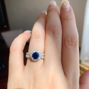 3 Ct Round Cut Blue Diamond Halo Engagement Ring 14K White Gold Finish Size J-U - Picture 1 of 12