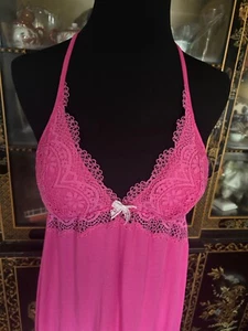 Y2K Victoria's Secret Babydoll Slip Dress Halter Cami Pink Crochet Lingerie M - Picture 1 of 13