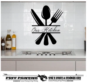Pegatinas de pared de nuestra cocina cubiertos calcomanías vinilo decoración del hogar comedor - Imagen 1 de 3