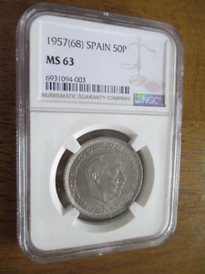 1957 (68) Spain 50 Pesetas Mintage: 1,000 In Sets Only NGC MS 63 RARE - Picture 1 of 2