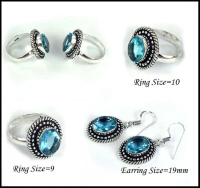 Set Di Anelli E Orecchini In Argento Sterling 925 Con Topazio Blu Naturale - Immagine 1 di 4