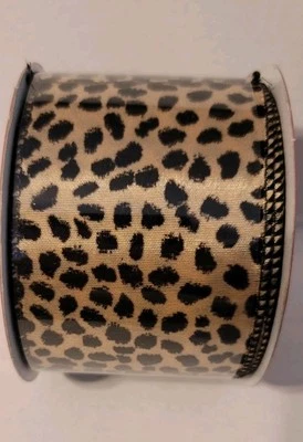 Animal Print Spotted Tan And Black Wired ribbon 2.5" By 30 FT  - Image 1 of 3