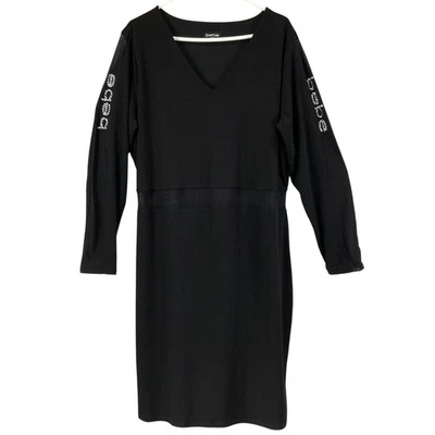 BEBE Black Long Sleeve V Neck Sheath Dress Rhinestone Logo Embellished Sz 18/20 - Image 1 of 4