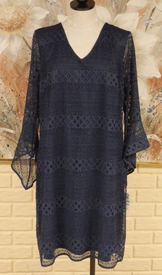 NWT SHARP ALFANI SZ 16 NAVY BLUE LACE DRESS SHEER BELL LACE SLEEVES BACK ZIPPER - Image 1 of 4