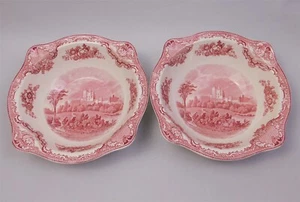 2 Square Red Transferware Vegetable Johnson Bros Old Britain Castle Bowls 10" - Picture 1 of 10