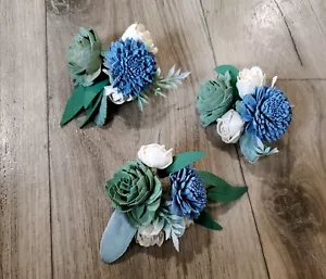 3PC Dusty Blue & Sage Cake Flowers Reusable Sola Wood Wedding Cake Topper White - Picture 1 of 4