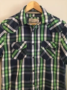 Ditch Plains MENS Pearl Snap SMALL Western Shirt Green Blue Plaid Cotton - Picture 1 of 6
