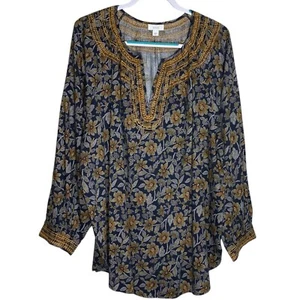 Pure J Jill Top Womens 3X Embroidered Tunic Floral Shirt Boho Split Neck Popover - Picture 1 of 13