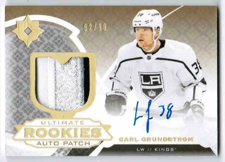19/20 2019 UD ULTIMATE CARL GRUNDSTROM #145 ROOKIES RC AUTO PATCH /99 LA KINGS - Image 1 of 1