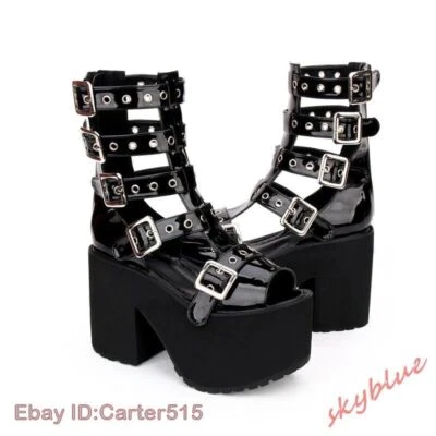 Mujeres Peep Toe Hebilla Correa Gótico Plataforma Sandalias Botas Tacones en Bloque Punk Zapatos Foto 1 de 4