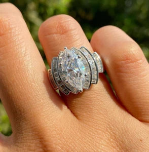 Women's Marquise & Baguette Lab Created Diamond Cocktail Classy Ring 925 Silver - Picture 1 of 3