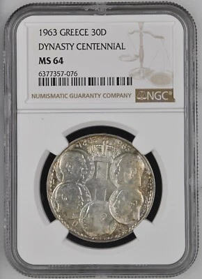 NGC MS64-Grecia 1963 Dinastía Centenario Plata 30 Dracmai Elección BU Escaso Foto 1 de 2