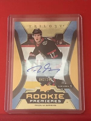 Ridly Greig 2023-24 UD Trilogy Rookie Premieres Gold Auto 42/249 Senators - Image 1 of 2