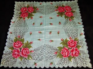 Vintage Hankie Pink Rose Floral Turquoise Backdrop Scalloped - Picture 1 of 4