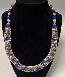 Collana Argento Tibetano Corallo Rosso Lapislazzuli Blu Stile Vintage Dichiarazione 124g 21” - Foto 1 di 7