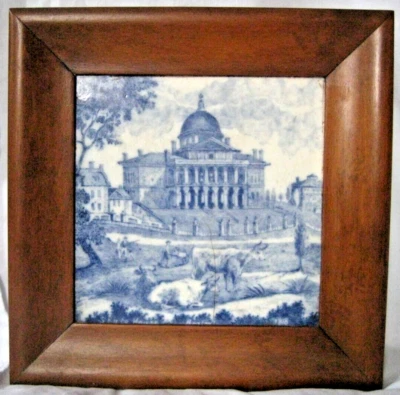 Azulejo de cerámica decorado Minton azul y blanco de transferencia de la Casa del Estado de Massachusetts Foto 1 de 4