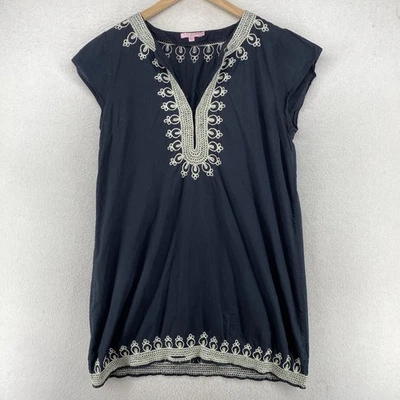 CALYPSO ST BARTH Dress L Rowena Tunic Split V-Neck Shift Boho Beach Cotton Blue - Image 1 of 4