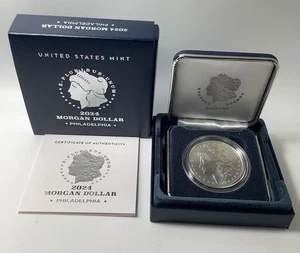 Dólar de plata Morgan 2024-P sin circular como nuevo en Estados Unidos $1 conmemorativo 0,999 OGP caja certificado de autenticidad - Imagen 1 de 3
