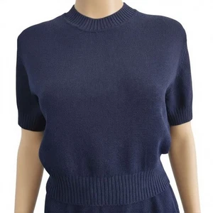 St. John Basics Santana Knit Classic Navy Blue Cropped Short Sleeve Sweater Sz P - Picture 1 of 6