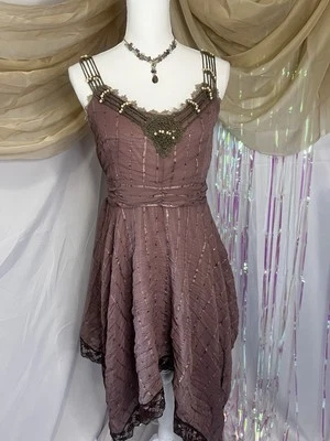 Vestido asimétrico Y2K Fairy Grunge Whimsigoth de colección marrón con cuentas lentejuelas talla L Foto 1 de 4