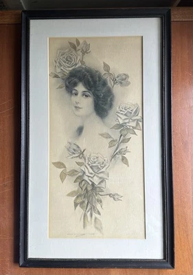 Vtg Portrait Print Woman w Roses hand Colored Signed Framed Art Nouveau 18.5x11” - Image 1 of 4