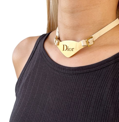 Collana Christian Dior Vintage Logo Girocollo Accessorio Pelle Beige Oro