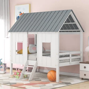 Twin Size Low Loft House Bed with Roof and Two Front Windows , White - Picture 1 of 12