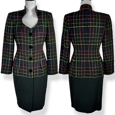 Blazer de lã vintage vestido jaqueta tamanho 4 preto arco-íris xadrez terno elétrico União EUA - Imagem 1 de 4