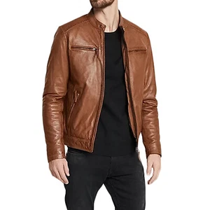 Chaqueta de cuero envejecido marrón vintage de motociclista café racer genuina para hombre - Imagen 1 de 7