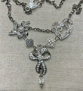 Vintage Upcycled Leaf Necklace-Clear Glass Stones, Silver Tone, 20”, Bow, Heart - Picture 1 of 5