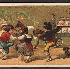 Tarjeta comercial americana LIEBIG S 0076 circa 1882 vagón de entrega perro idioma inglés - Imagen 1 de 5