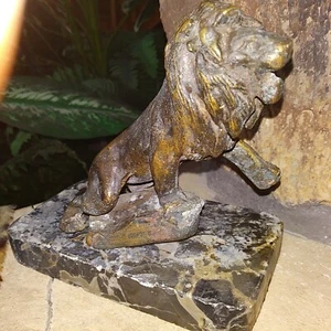 LION SCULPTURE, BRONZE CASTING WITH RICH PATINA, ON MARBLE BASE, 5x5.5x3", NM-M - Picture 1 of 5